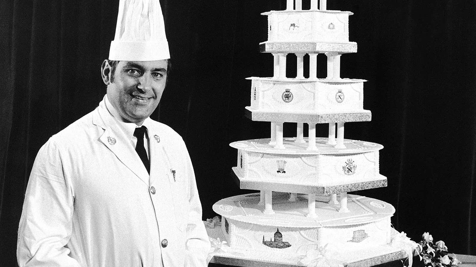 The wedding cake—five feet high and weighing 255 pounds—for the marriage of Prince Charles and Lady Diana Spencer.