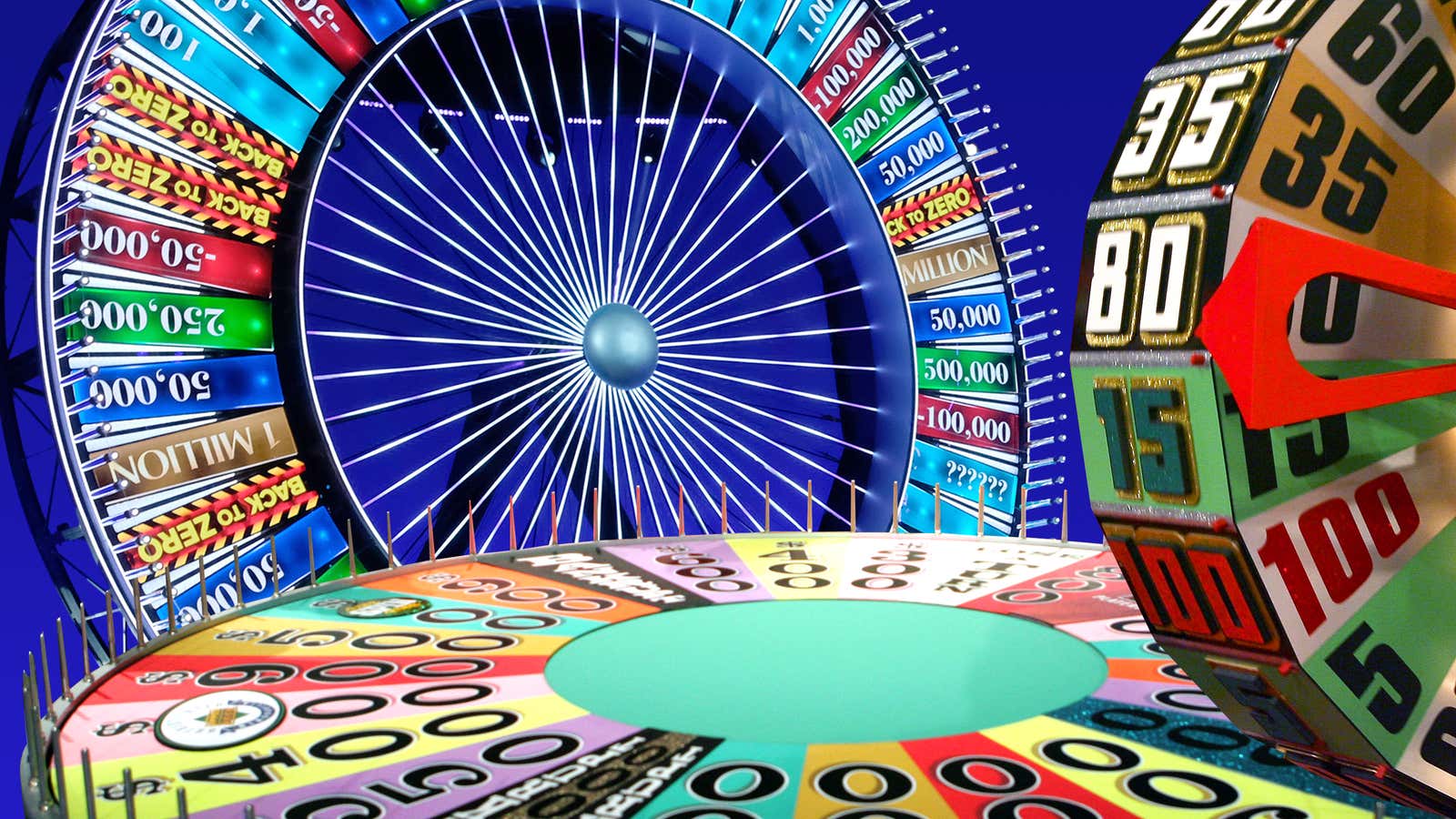 Graphic: Natalie Peeples, Photos: Spin The Wheel (Ray Mickshaw/Fox), Wheel Of Fortune (Doug Benc/Getty Images), The Price Is Right (Valerie Macon/Stringer/Getty Images)