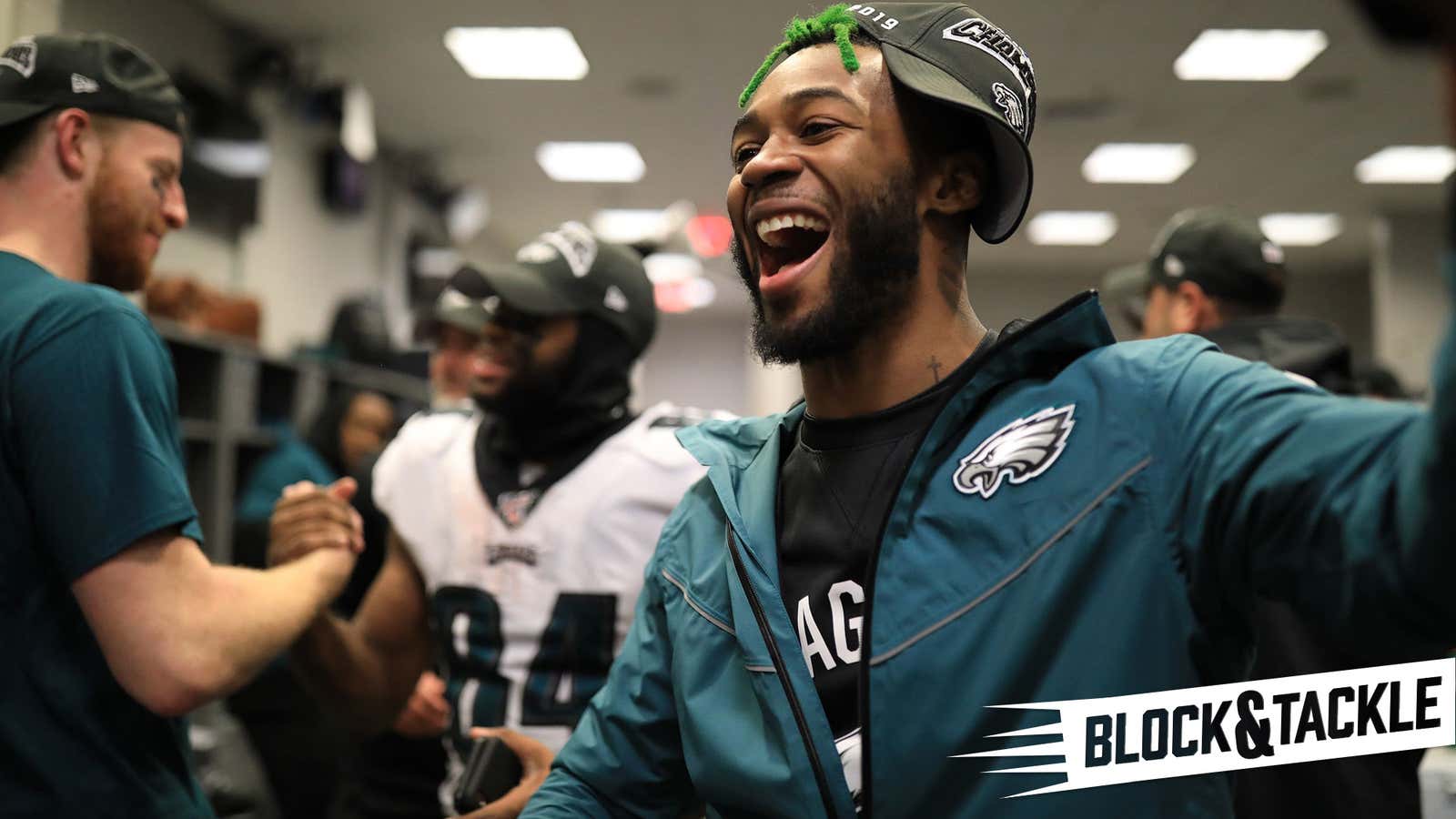 Philadelphia Eagles cornerback Jalen Mills celebrates his team&#39;s NFC East championship, the only regular-season honor that comes with the award of a fancy hat.