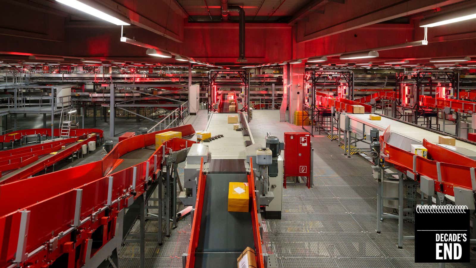 A view of the fully automated section of the main building of the DHL hub in 2014, Leipzig, Germany.