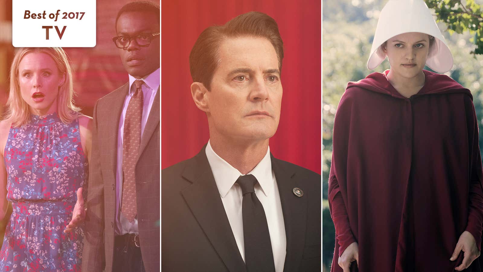 The Good Place (Photo: Colleen Hayes/NBC), Twin Peaks (Photo: Suzanne Tenner/Showtime), and The Handmaid&#39;s Tale (Photo: George Kraychyk/Hulu). Graphic: Libby McGuire.