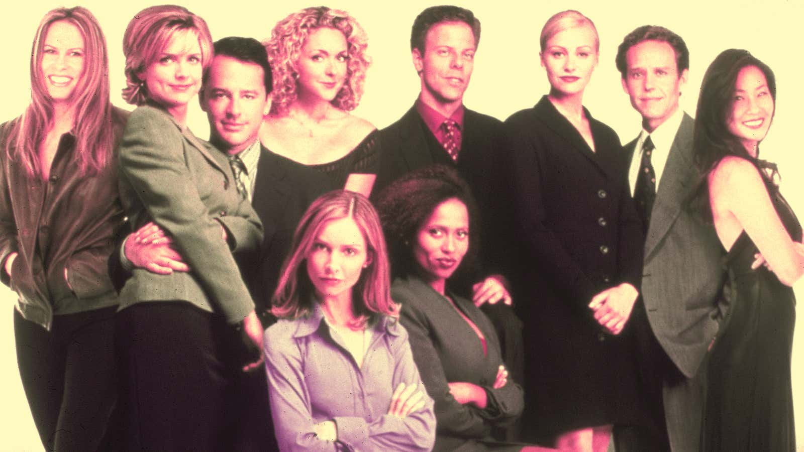 The Ally McBeal cast in 1998. (Photo: Fotos International/Getty Images. Graphic: Libby McGuire.)