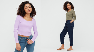 Women Cotton Ribbed Crew Neck Long-Sleeve Crop Top