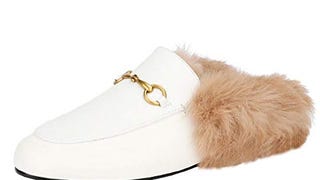 Arqa Women's White Flat Mules Fluffy Fur Buckle Mule Pointed...