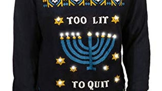 Tipsy Elves Men's Navy Blue Too Lit to Quit Hanukkah Sweater...