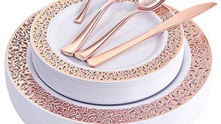 WDF 150PCS Rose Gold Plastic Plates with Disposable Plastic...