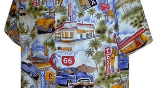 New Mens Blue Hawaiian Aloha Shirt Route 66 Cars, 410-...