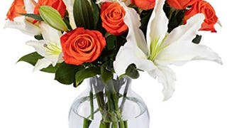 Benchmark Bouquets - Orange Roses & Lilies, Glass Vase...