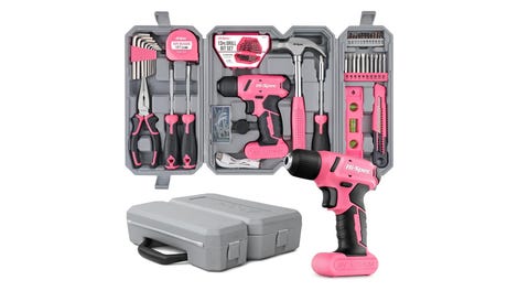 Hi-Spec Drill Set 58pc Pink Tool Set 8V USB Electric Drill Driver & Household Tool Kit