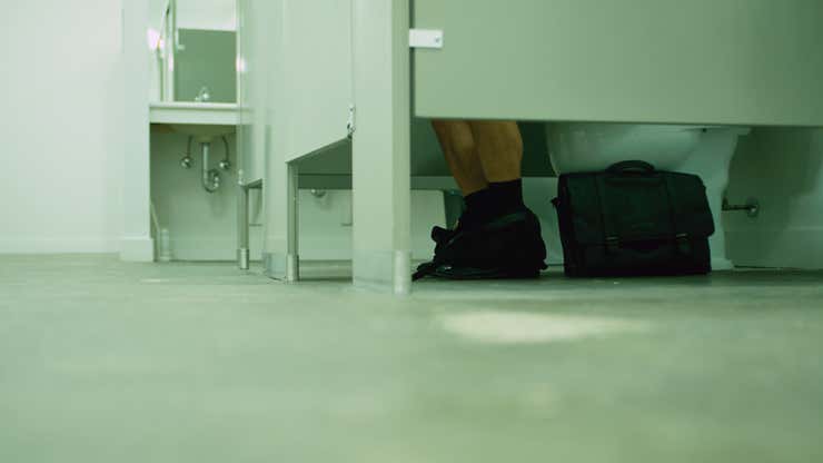 Image for Nation’s Men In Bathroom Stalls Announce Plan To Breathe Really Loudly