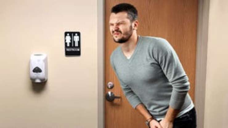 Image for Panicked-Looking Guy Shifting Uncomfortably Outside Occupied Restroom Must Really Have To Masturbate