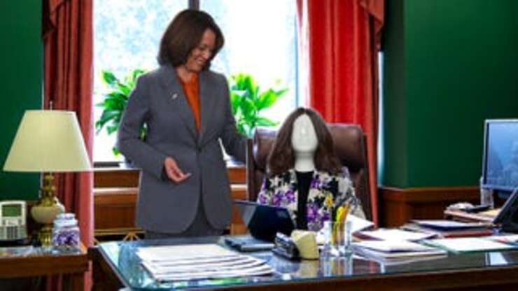 Image for Kamala Harris Rigs Dummy To Look Like It Typing Anytime Someone Cracks Office Door
