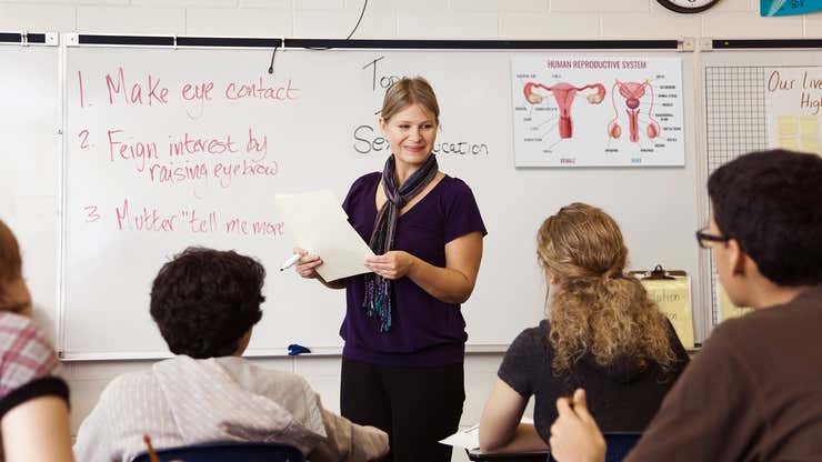 Image for Sex Ed Teacher Demonstrates How To Look Interested As Guy Explains Ultimate Frisbee Should Be Olympic Sport