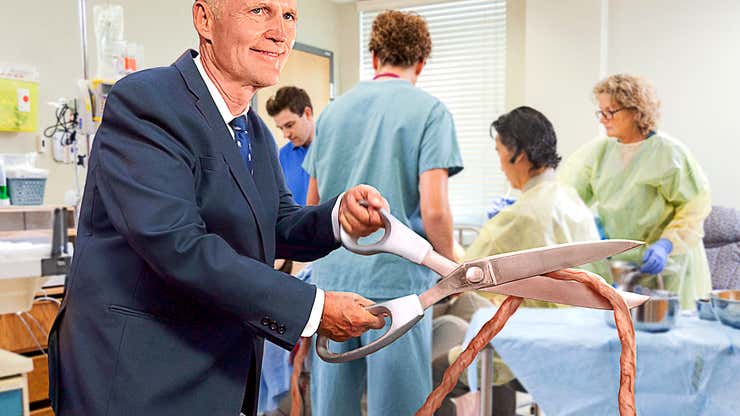 Image for Rick Scott Celebrates Abortion Ban By Cutting Umbilical Cord Of Woman Forced To Carry Baby To Term