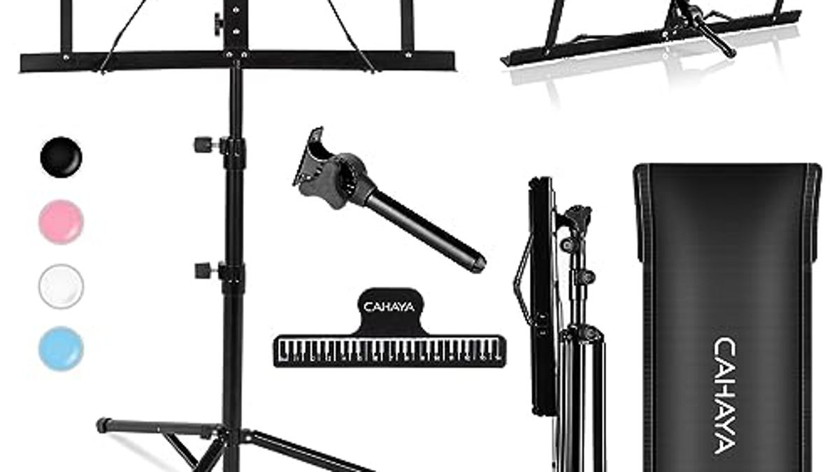 CAHAYA 2 in 1 Dual Use Extra Stable Reinforced Folding Sheet Music Stand & Desktop Book Stand Lightweight Portable Adjustable with Carrying Bag, Now 24% Off