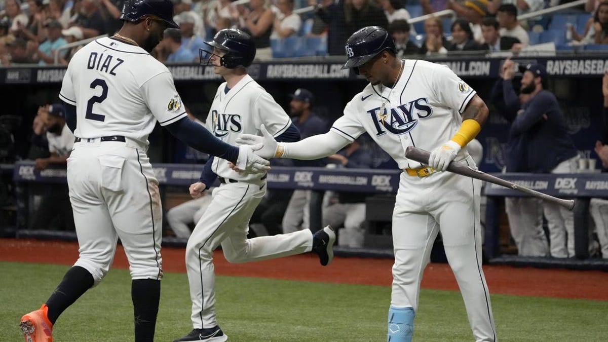 St. Petersburg, USA. 12th Apr, 2022. St. Petersburg, FL USA; Tampa Bay Rays  shortstop Wander Franco (5) runs to the dugout during an MLB game against  the Boston Red Sox on Wednesday