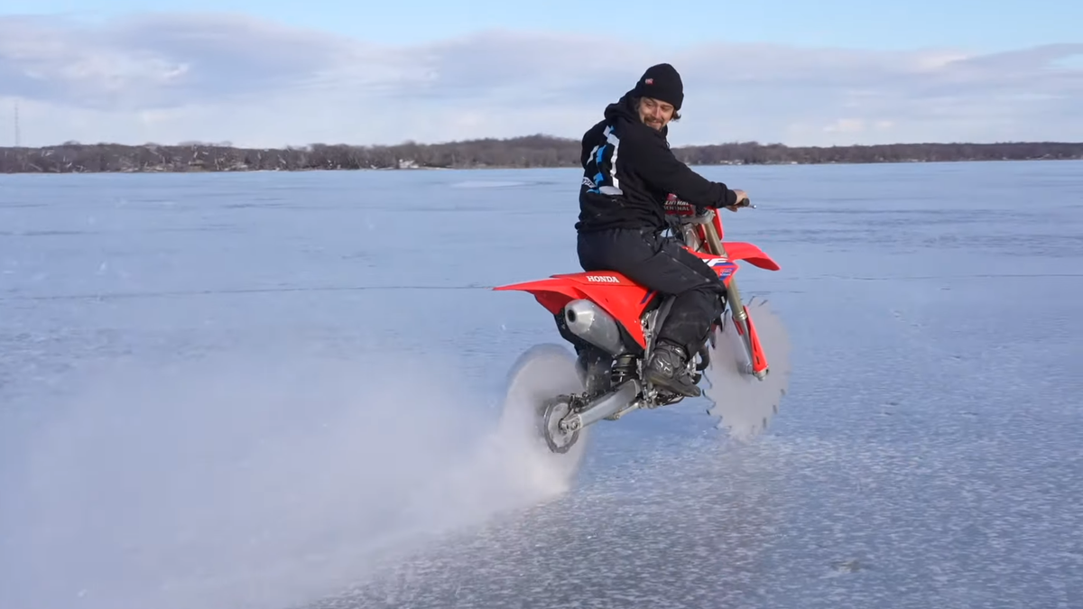 Put Saw Blade Wheels On Your Dirt Bike To Rip On Frozen Lakes While Ice Still Exists