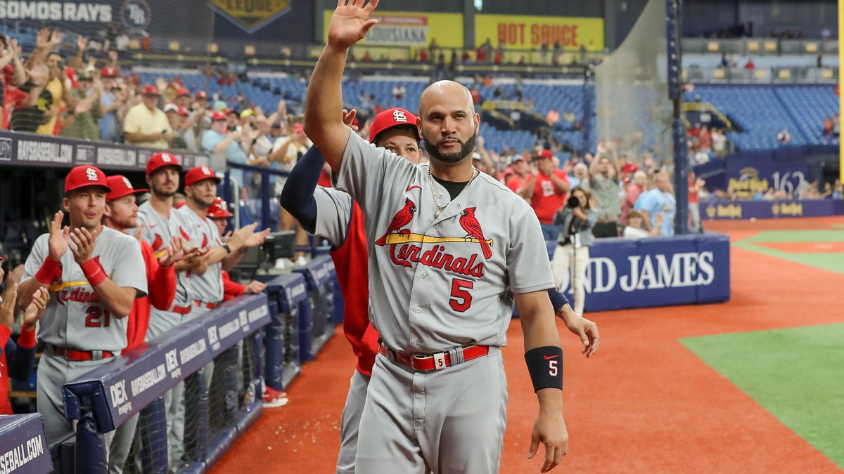 St. Louis Cardinals Albert Pujols watches a video tribute about