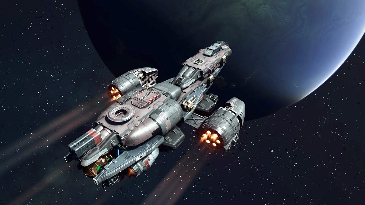 Big war spaceship in space seen from far away, warship, battleship