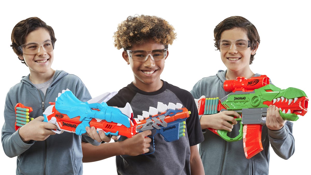 Nerf DinoSquad Tricera-blast Dart Blaster Dinosaur Toy, 12 Nerf Elite  Darts, Triceratops Design 