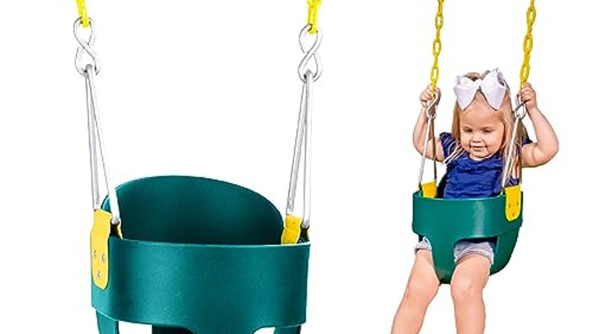 Original High Back Full Bucket Toddler Swing Seat with Plastic Coated Chains for Safety and Carabiners for Easy Install, Now 22% Off