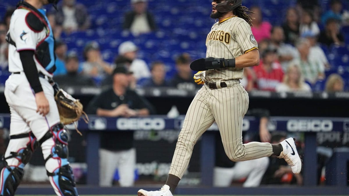 San Diego Padres right fielder Fernando Tatis Jr (23) gets hit by