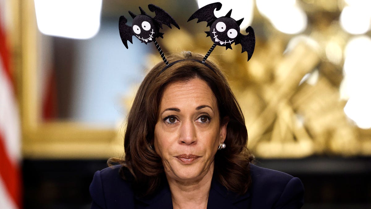 Kamala Harris Wears Sad Little Bat Headband Alone At Desk For Halloween