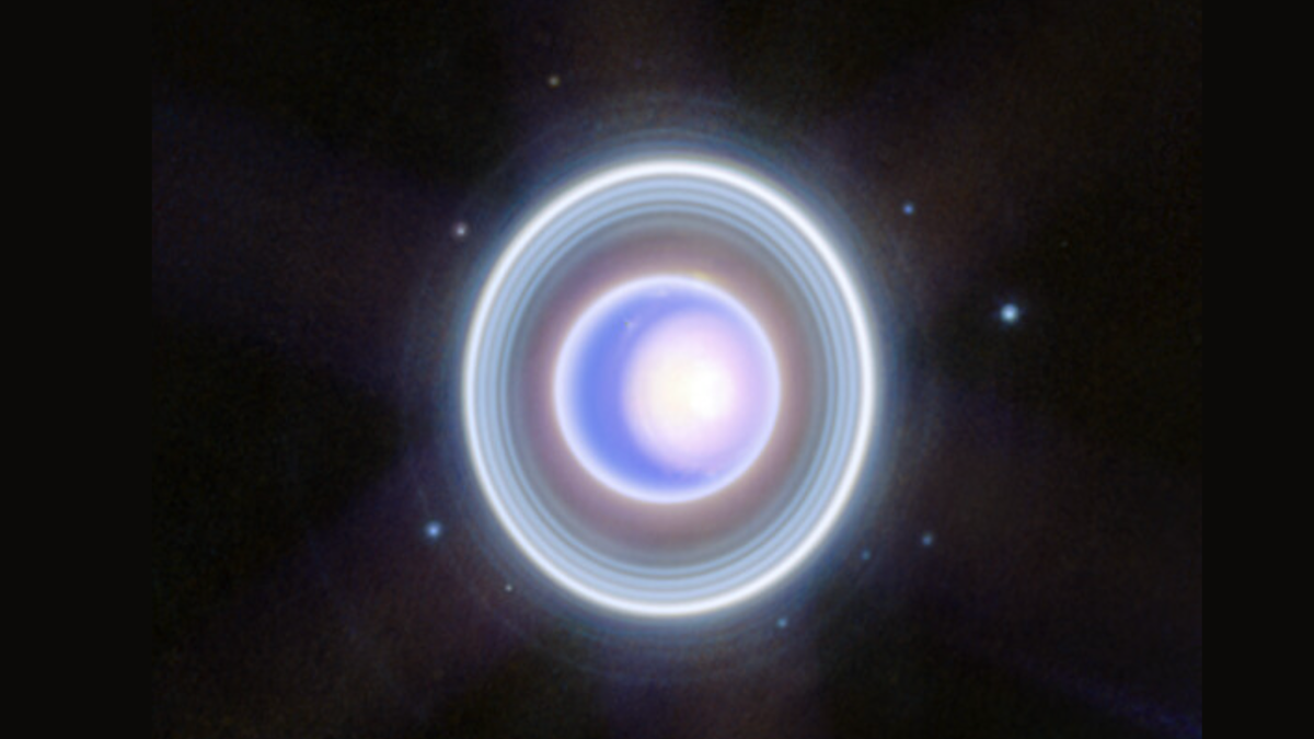 Urano brilhante e anelado em uma nova imagem do Telescópio Webb