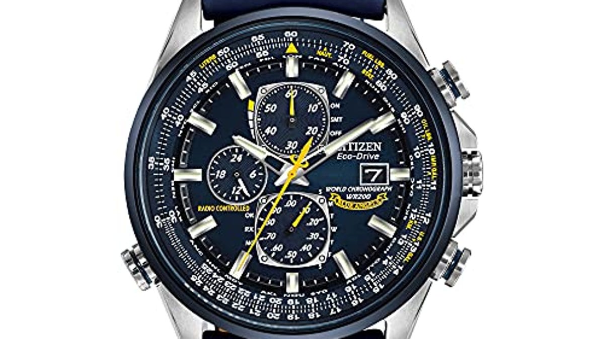 Citizen Men’s Eco-Drive Sport Luxury World Chronograph Atomic Time Keeping Watch in Stainless Steel with Blue Polyurethane strap, Now 48% Off