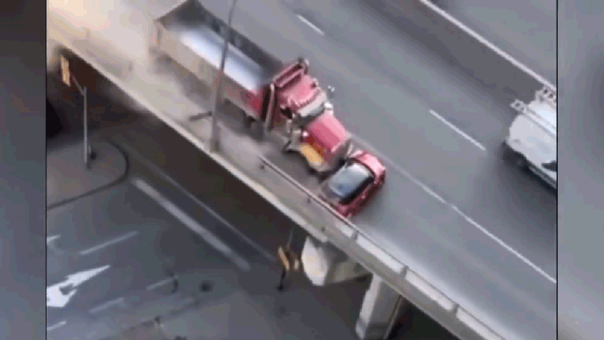 Unaware Truck Driver Hits Mini, Plows It Half-Mile Down Highway