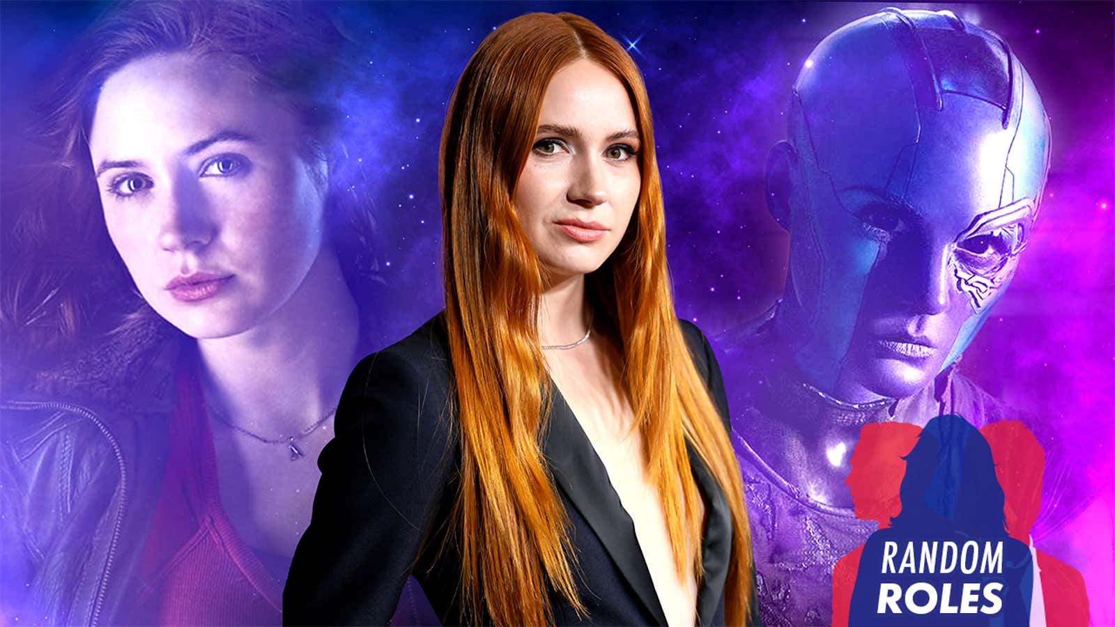 From left : Karen Gillan as Amy Pond in Doctor Who (BBC), at the Guardians Of The Galaxy Vol. 3 premiere, (Jesse Grant/Getty Images), as Nebula in Guardians Of The Galaxy Vol. 3 (Marvel Studios)