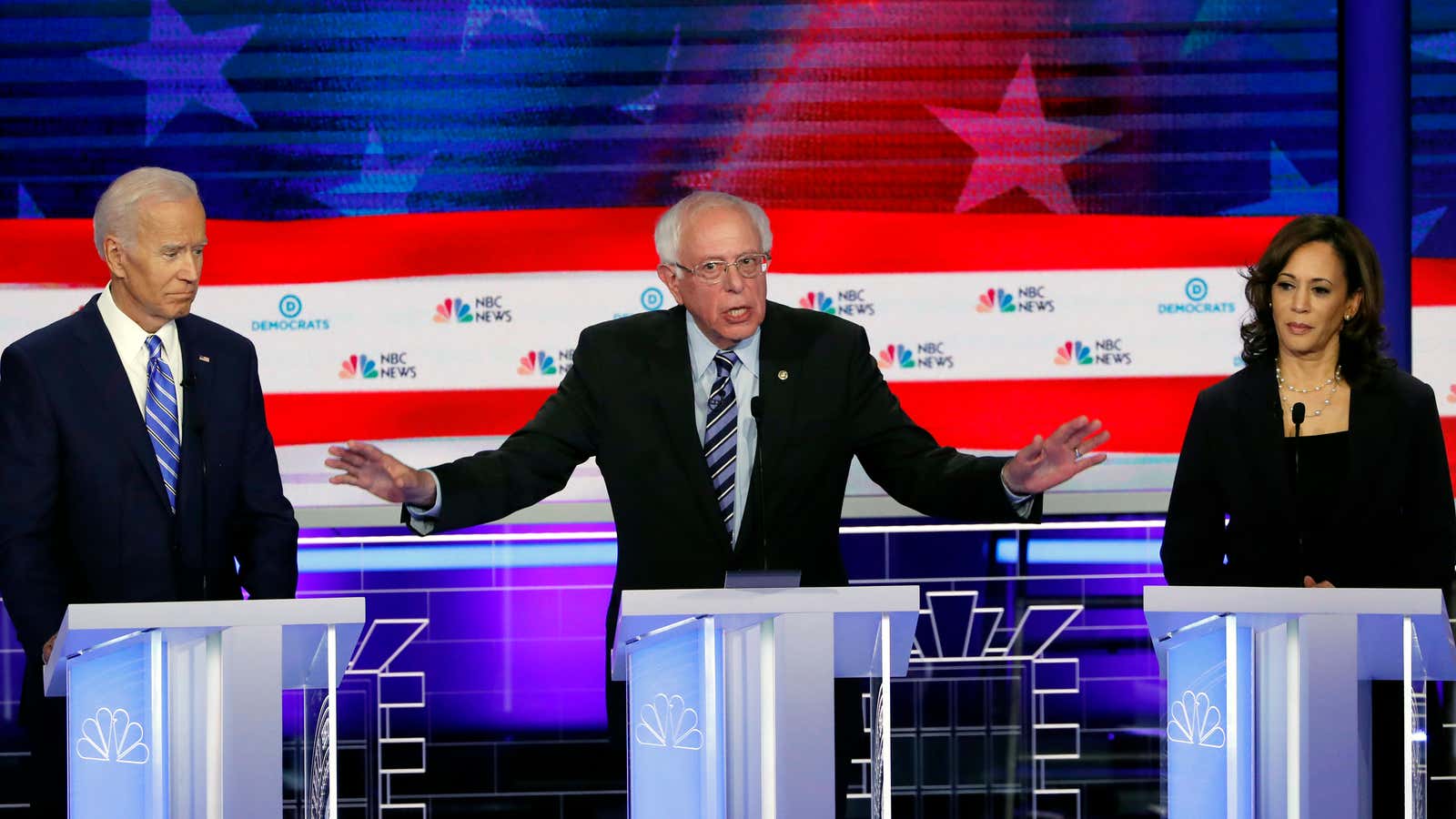 Former Vice President Joe Biden, Senator Bernie Sanders and Senator Kamala Harris during the June 27 Democratic presidential primary debate.