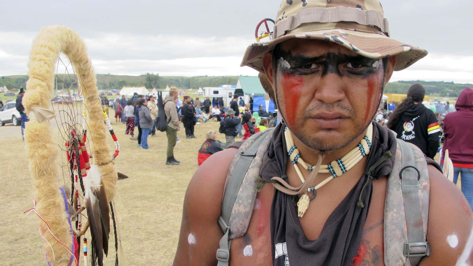 Jon Don Ilone Reed, a member of South Dakota’s Cheyenne River Sioux Tribe, protesting near the Standing Rock Sioux reservation in southern North Dakota.