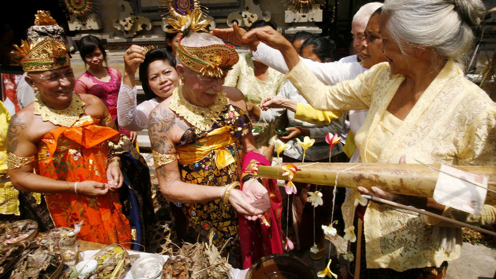 A gay couple enjoys a ceremony in Bali, in 2008.