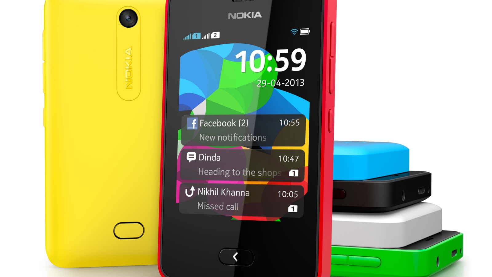 Six colours of the Asha 501, but no Facebook blue.