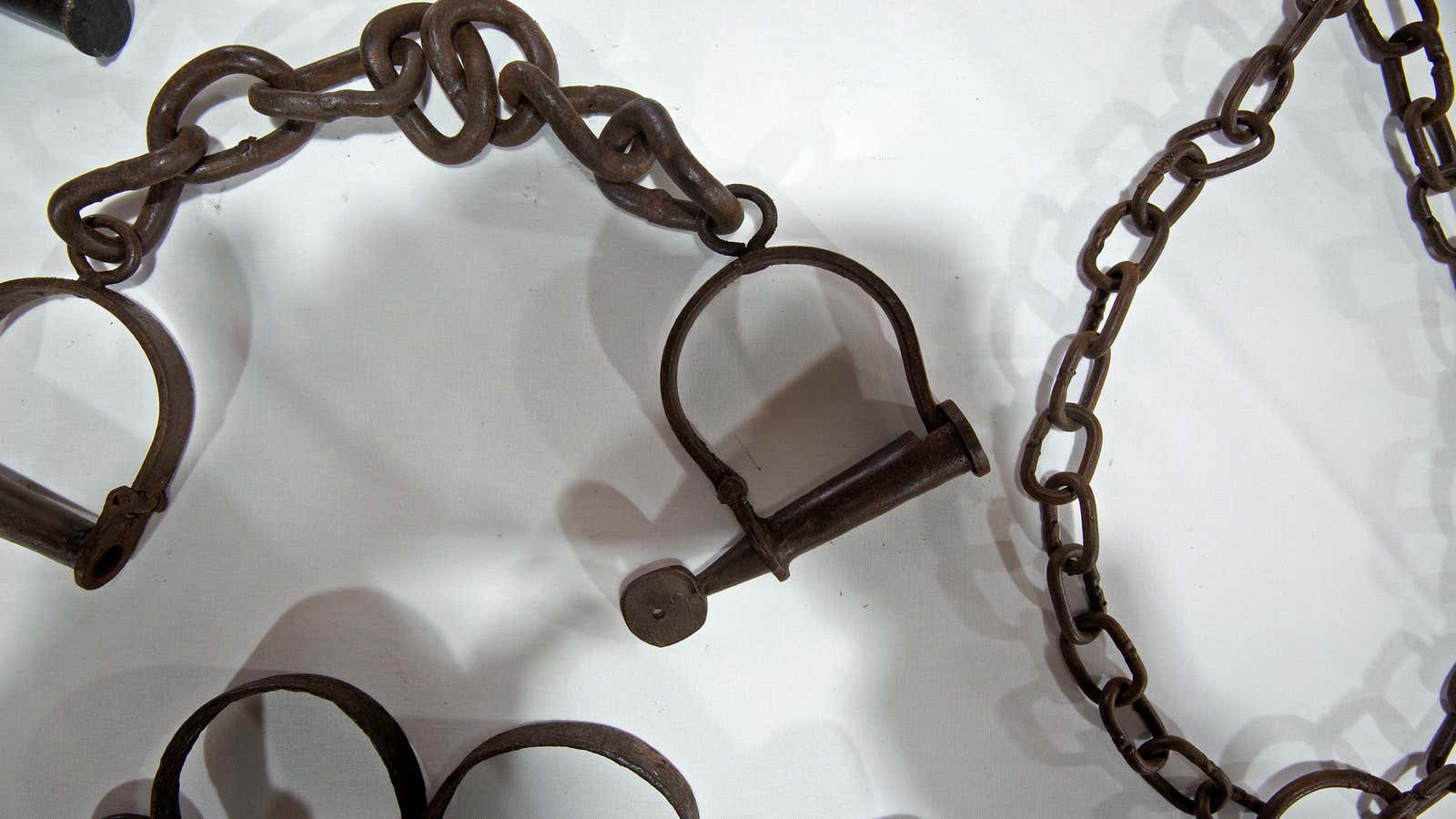 Slave shackles on display at the Whitney Plantation in Wallace, Louisiana.