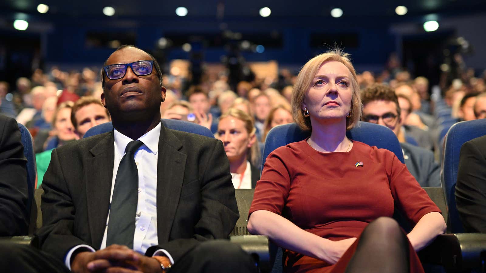 Chancellor of the Exchequer Kwasi Kwarteng and British Prime Minister Liz Truss attend the annual Conservative Party conference on October 02, 2022 in Birmingham, England. 