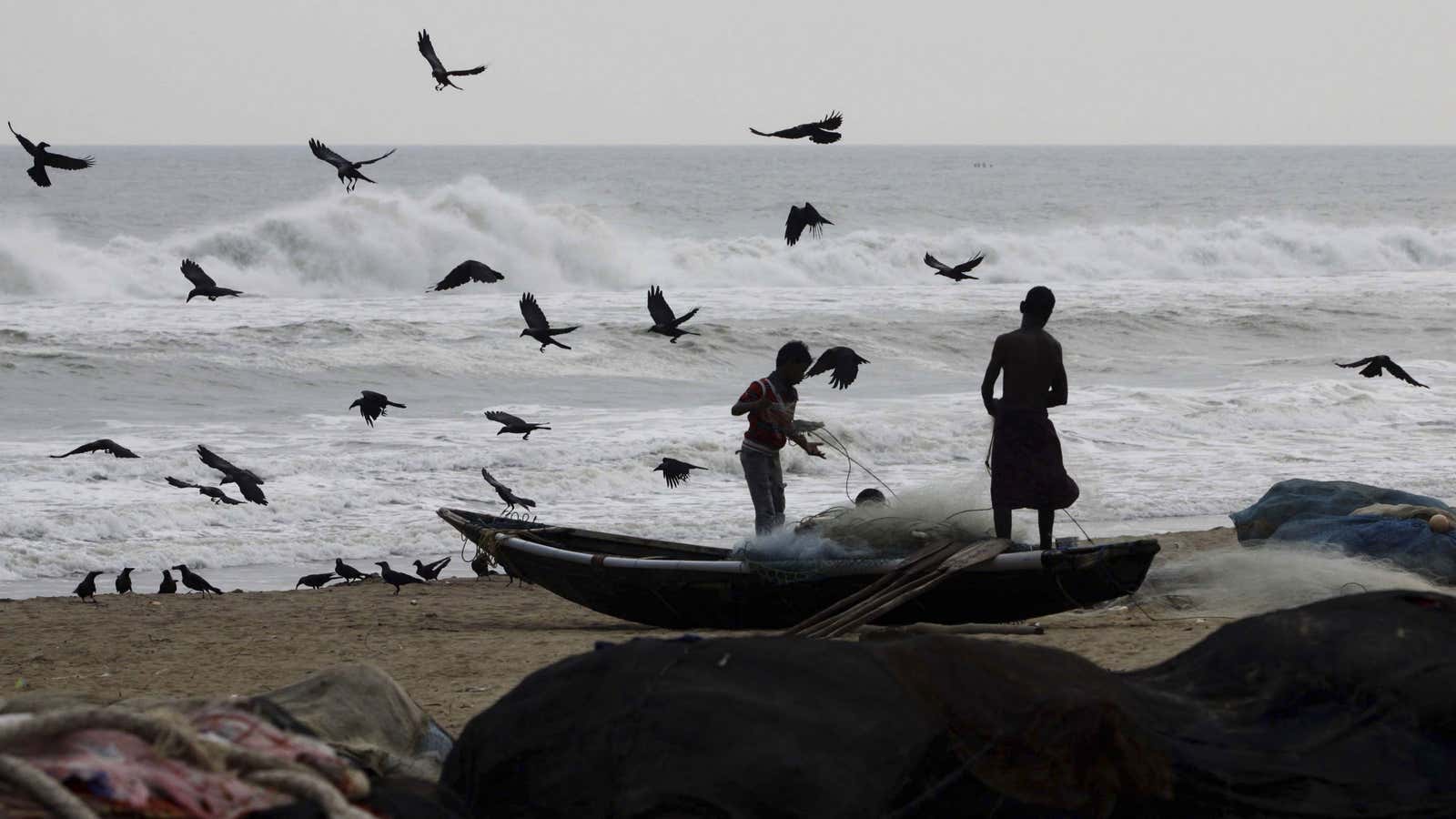 The calm before the storm on the Bay of Bengal coast.