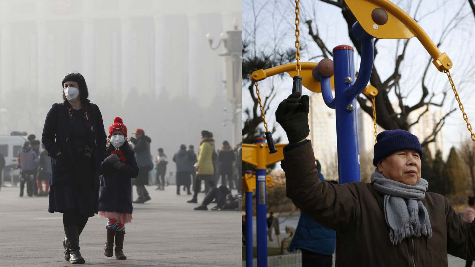 Wearing masks on Jan. 4 in Beijing; breathing deep on Jan. 8.