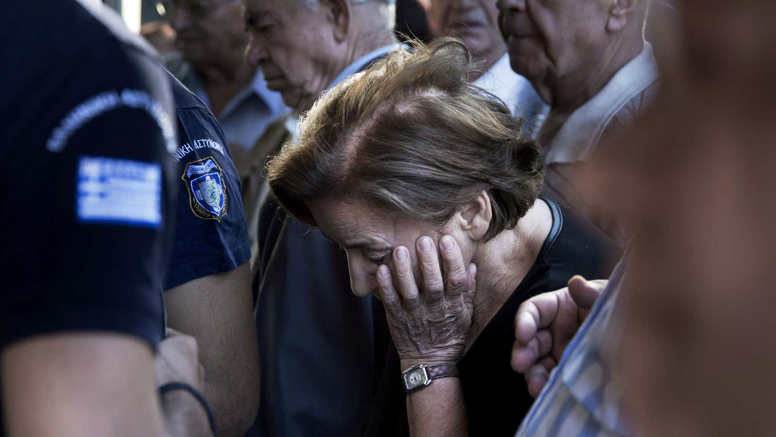 The scene today at a bank in Athens.