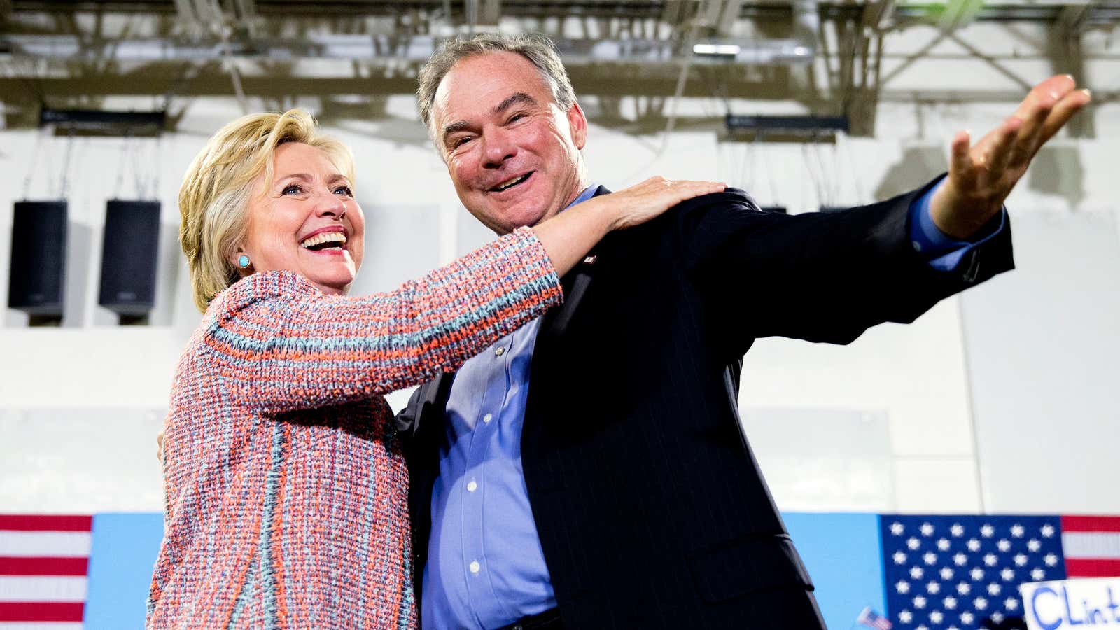 Democratic presidential candidate Hillary Clinton, accompanied by senator Tim Kaine, speaks at a rally at Northern Virginia Community College in Annandale, Virginia.