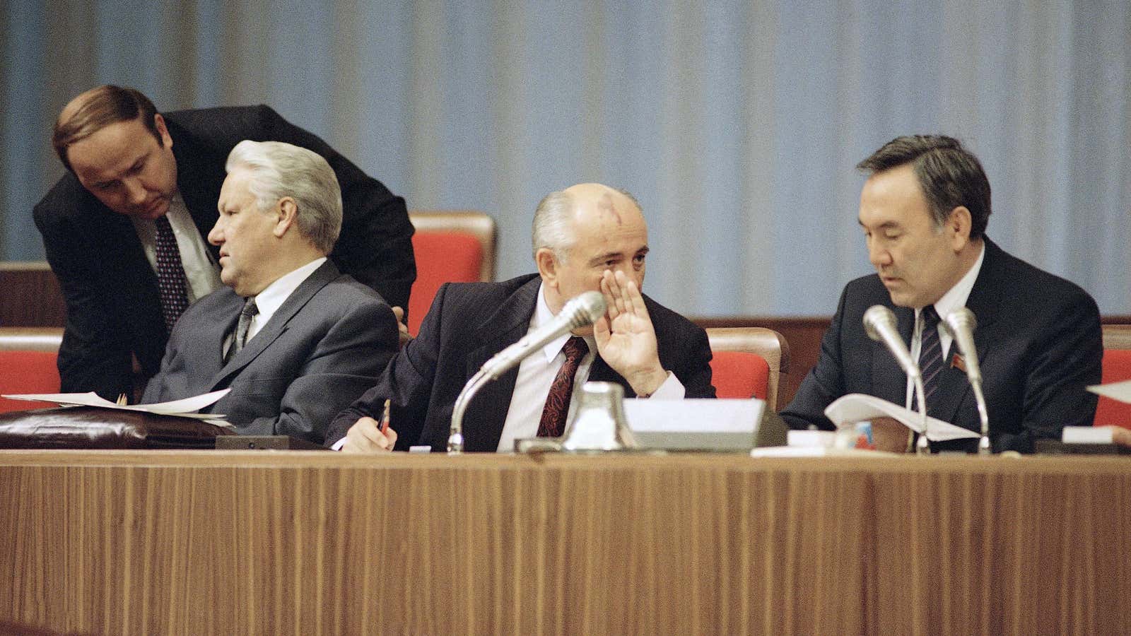 Nazarbayev, right, with Yeltsin, left, and Gorbachev, middle seated.