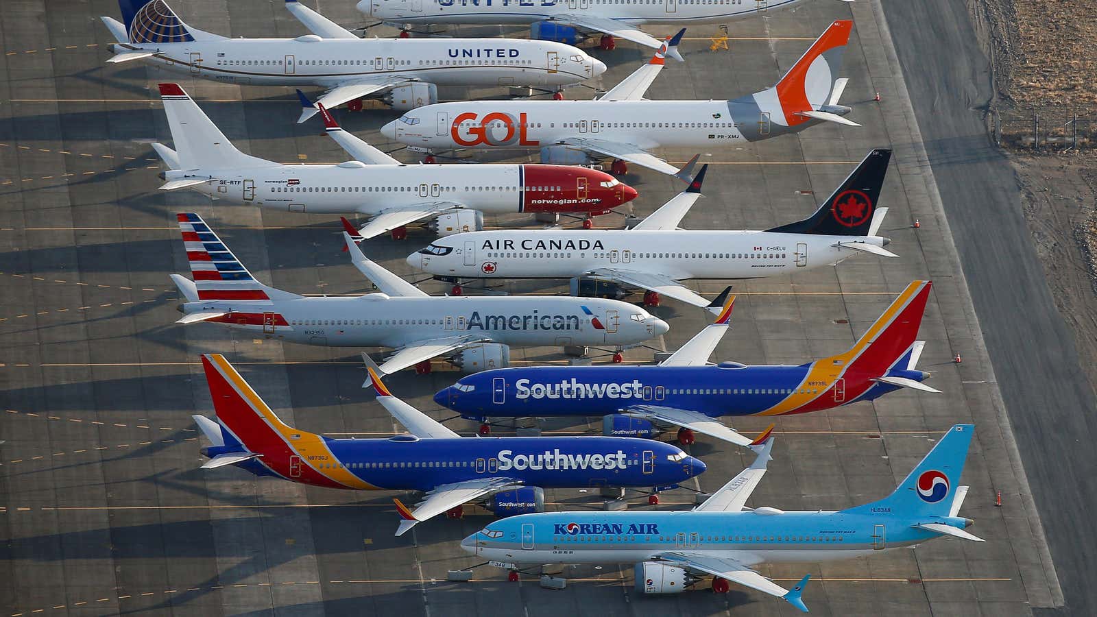 An aerial photo shows Boeing 737 MAX aircraft at Boeing facilities at the Grant County International Airport in Moses Lake, Washington, September 16, 2019. REUTERS/Lindsey…