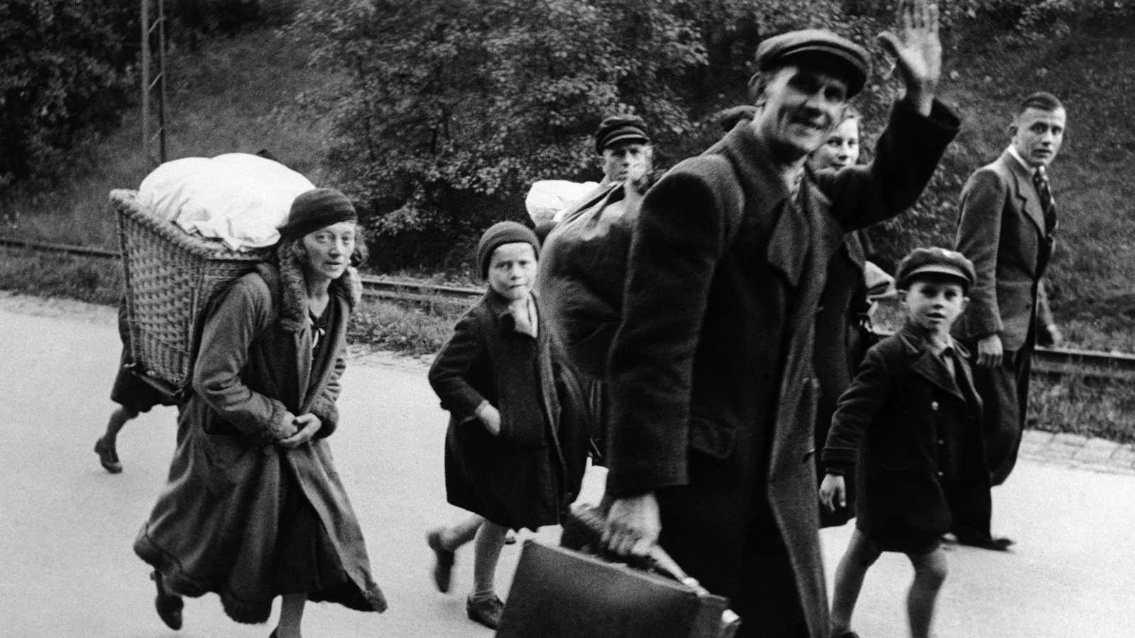 Sudeten German refugees just after crossing the Czech border into Germany at Oberklingenthal, on Sep. 17, 1938.