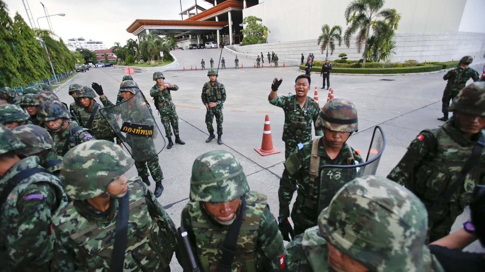 Thai soldiers take control during a coup at the Army Club in central Bangkok on May 22.