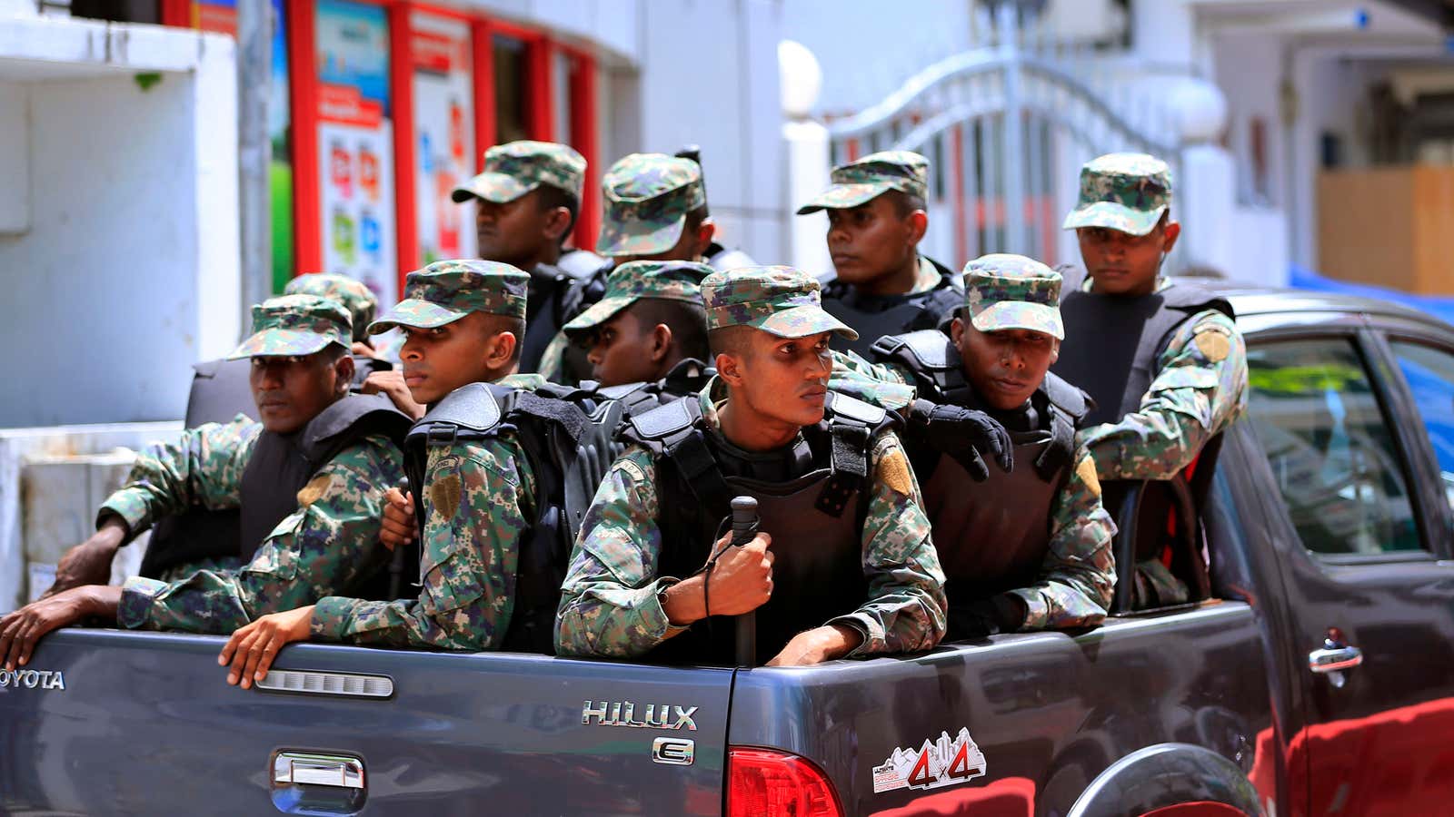 Maldivian soldiers patrolling the capital city after the arrest of VP Ahmed Adeeb.