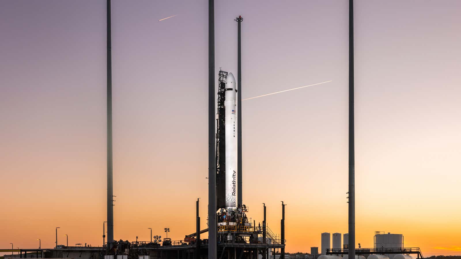 The Terran 1 rocket on the launch pad at Cape Canaveral. 