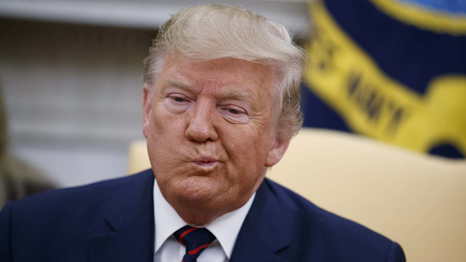 President Donald Trump listens during a meeting with Italian President Sergio Mattarella in the Oval Office of the White House, Wednesday, Oct. 16, 2019, in…