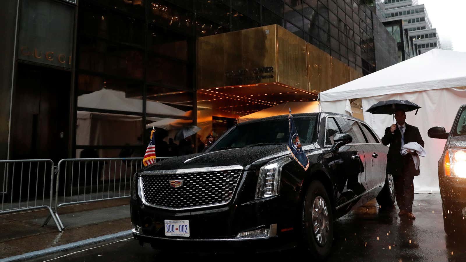 Trump’s presidential vehicle “The Beast” waits for him outside Trump Tower.