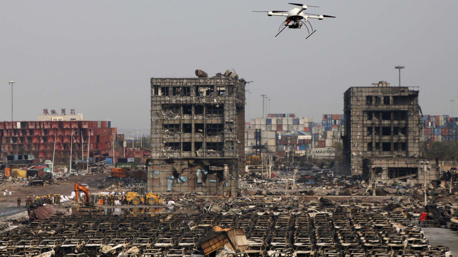 A drone flies over the site of last week’s explosions at Binhai new district in Tianjin, China.